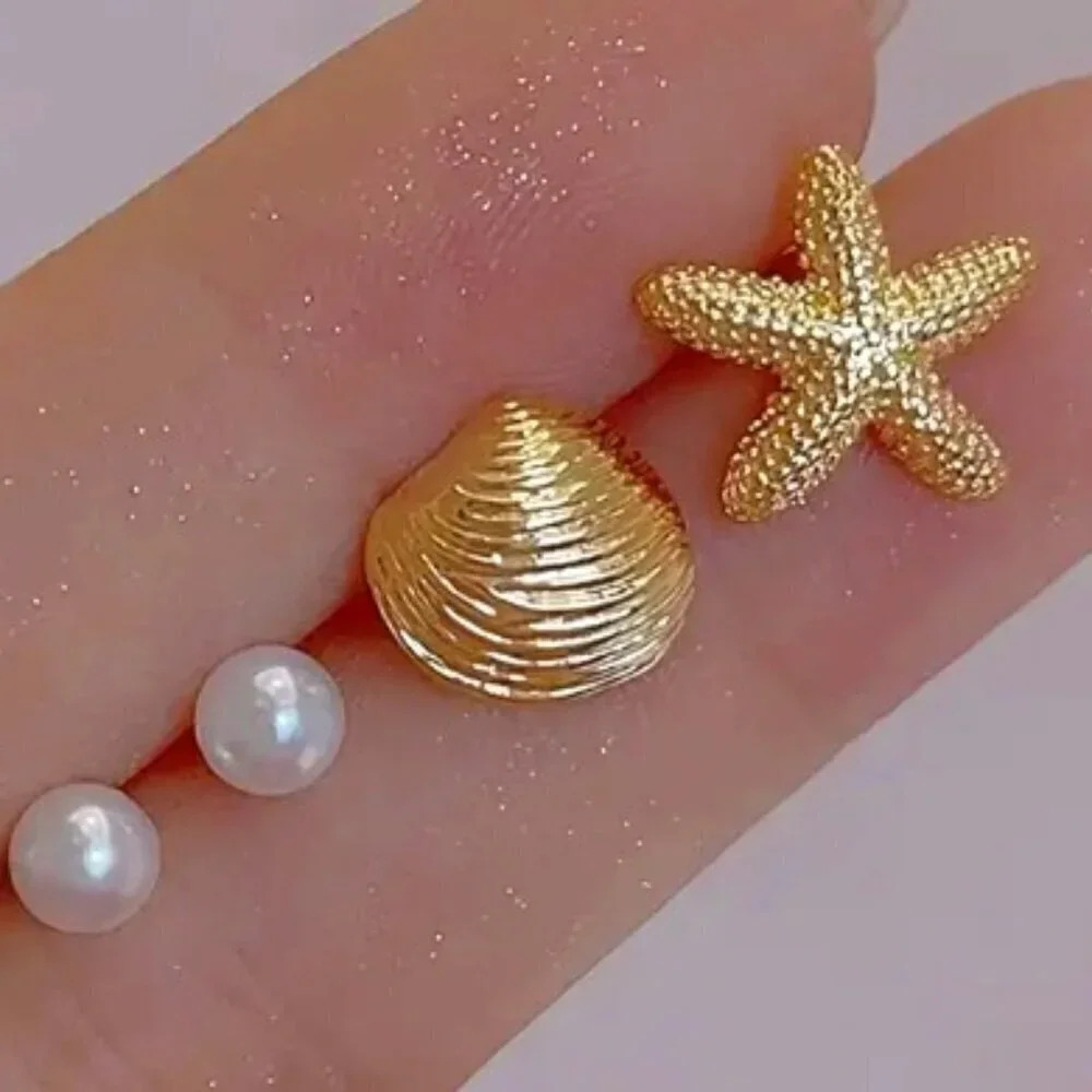 Womens Girls Minimalist Vintage Starfish, Shell and Pearl Earrings Simple Design
